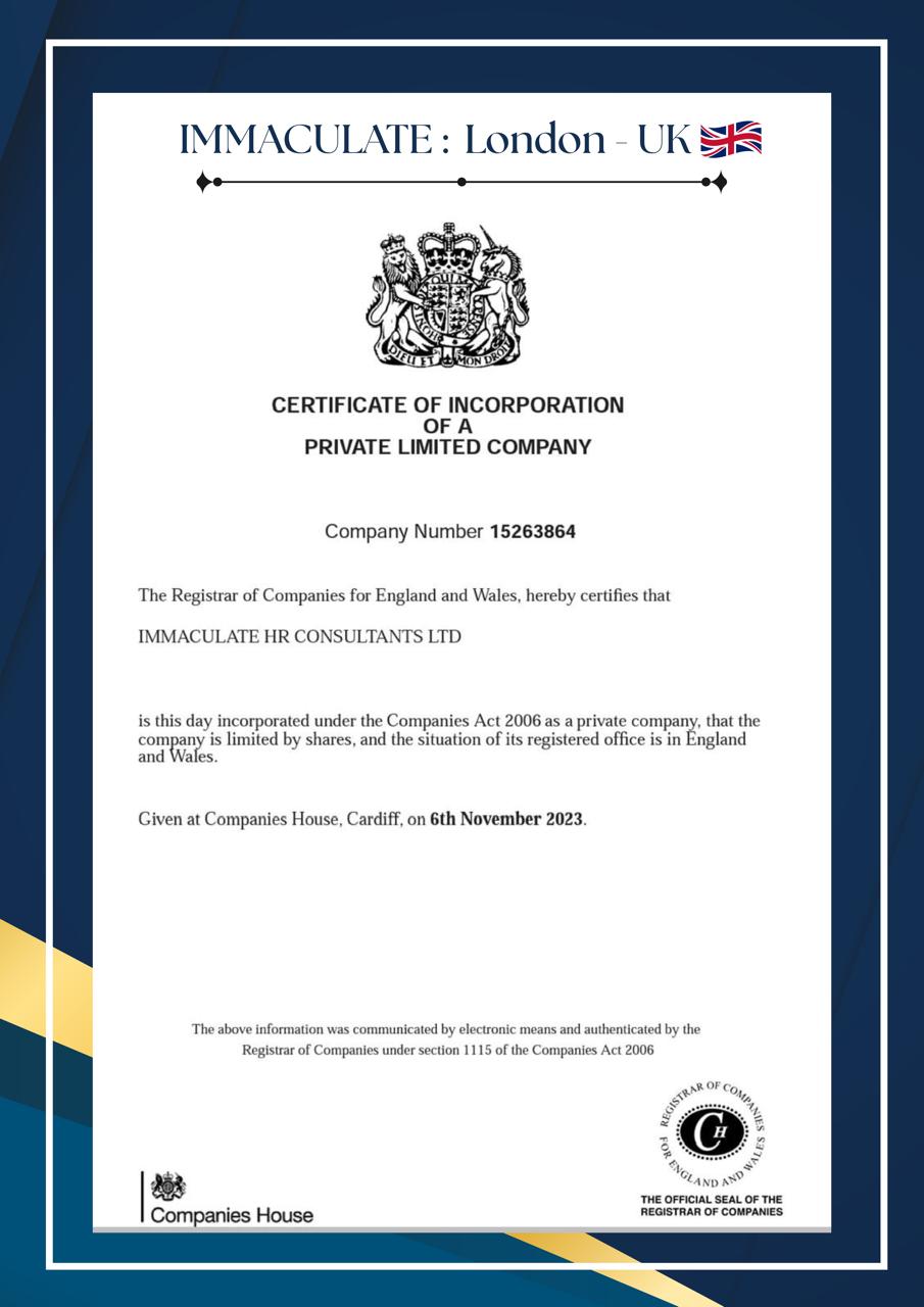 IMMACULATE HR Consultants Ltd certificate