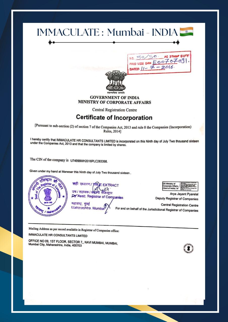 IMMACULATE HR Consultants Limited certificate